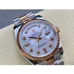Sunday Calendar series women's watch, mother-of-pearl dial, rose gold bezel, 36mm, two-tone President-style bracelet.